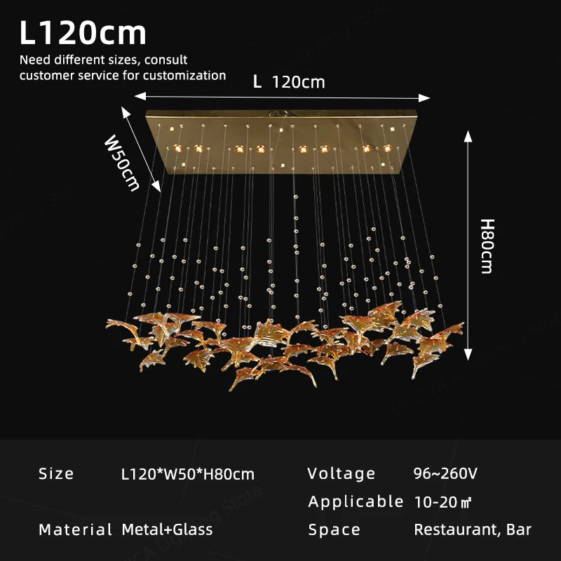 Pendant chandelier diagram with warm bulb array, clear cords, and gold glass leaf accents