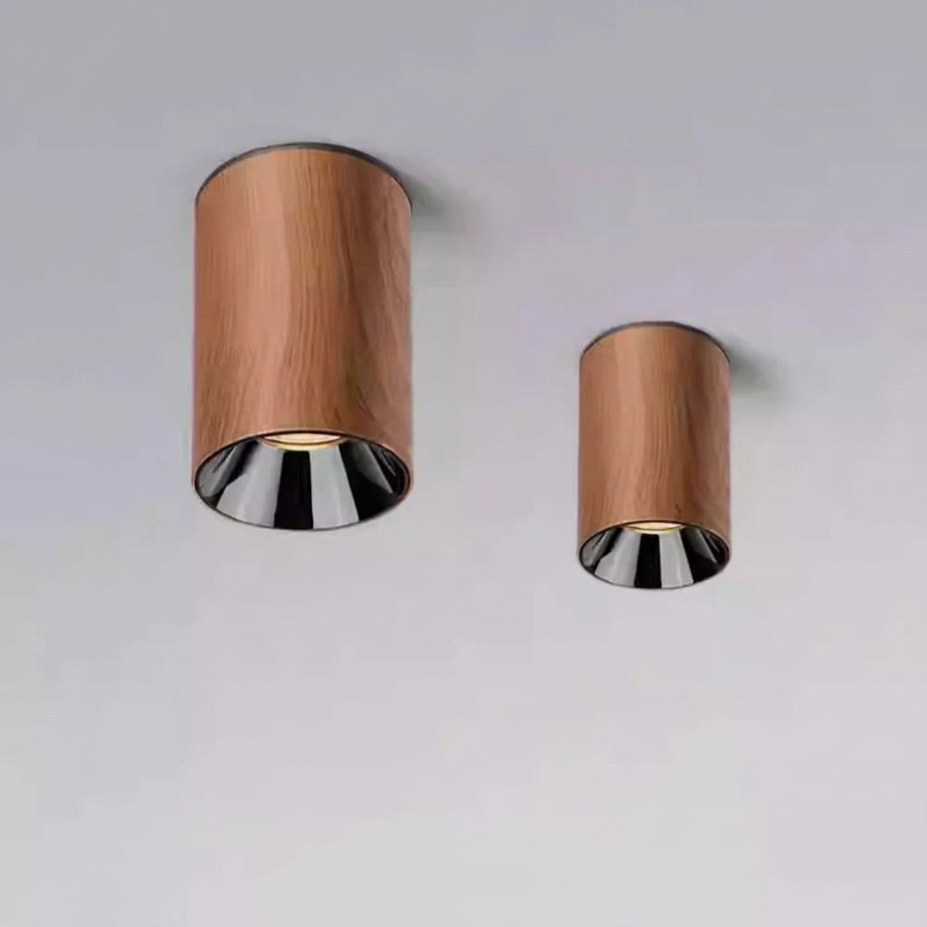 Walnut wood-grain LED surface spotlight, round cylinder with reflective chrome inner ring