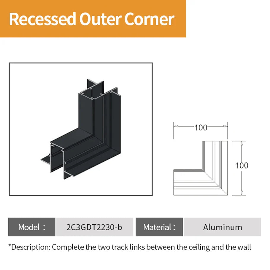 Tarck Only - 2m Magnetic Rail Linear Track Lighting Accessories - Ceiling Magnet Track Kits Recessed Out Corner / CHINA