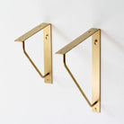 Antique brass triangle shelf bracket pair, long plate with curved support arm