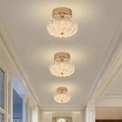 Gold flush-mount crystal acrylic ceiling light with three-tier drum shades