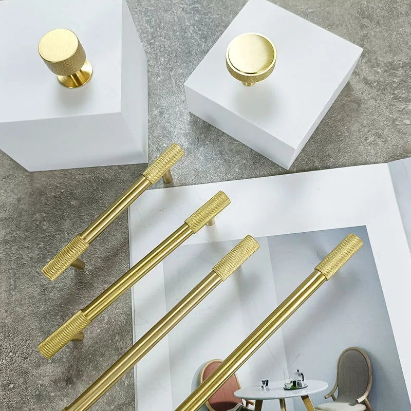Solid Brass Knurled Cabinet Handles – Satin Gold Long Wardrobe Bar Pulls and Drawer T-Bars Handles