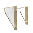 Antique brass triangle shelf bracket pair, angled view of wall plates and arms
