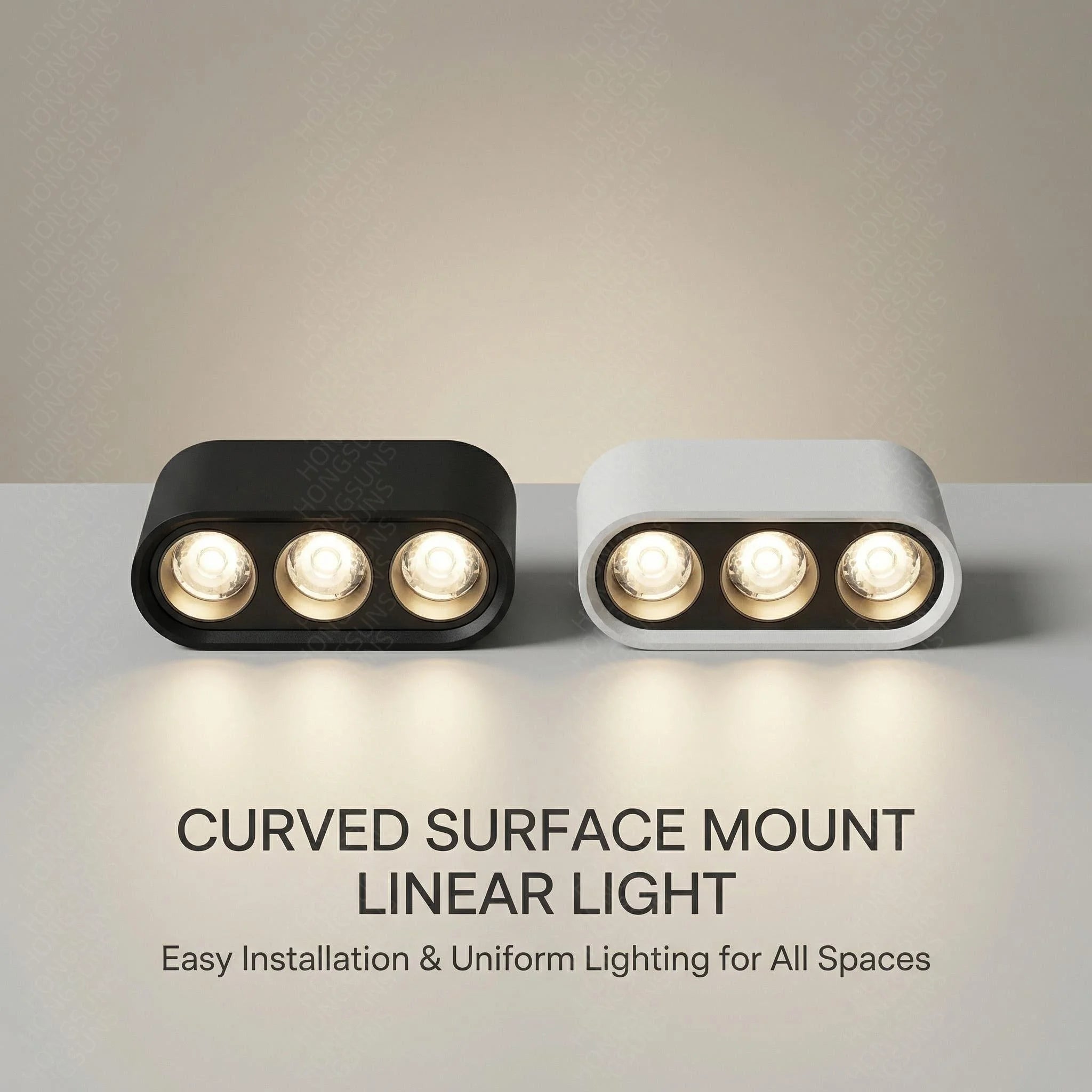 Curved surface-mount linear LED ceiling light, black and white housings with three bulbs