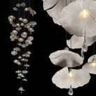 Mushroom ceramic chandelier close-up with ribbed white shades and glass crystal drops