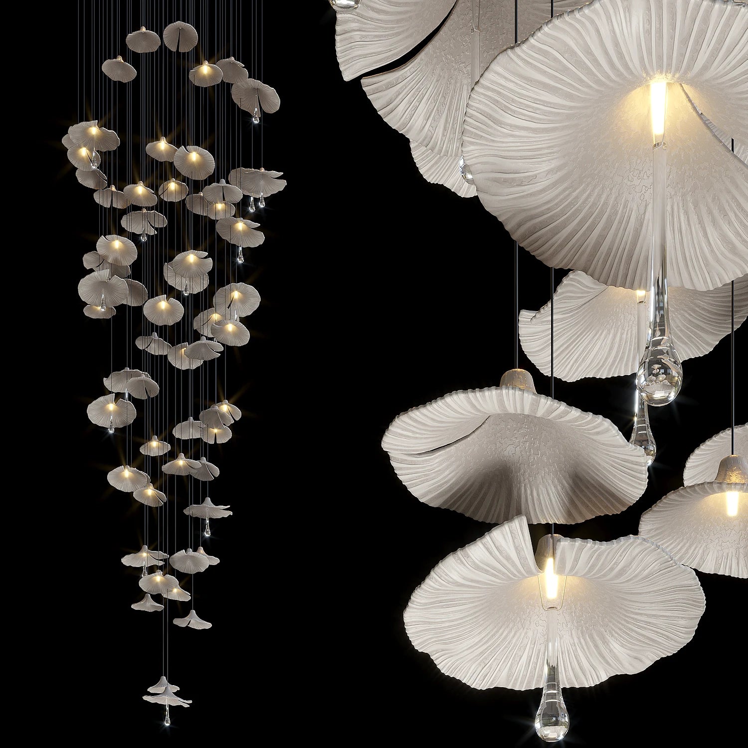 Mushroom ceramic chandelier close-up with ribbed white shades and glass crystal drops