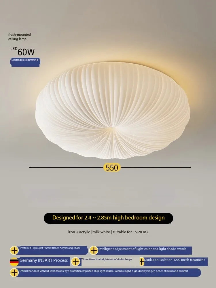 Cream ribbed dome flush-mount ceiling light with round fabric shade