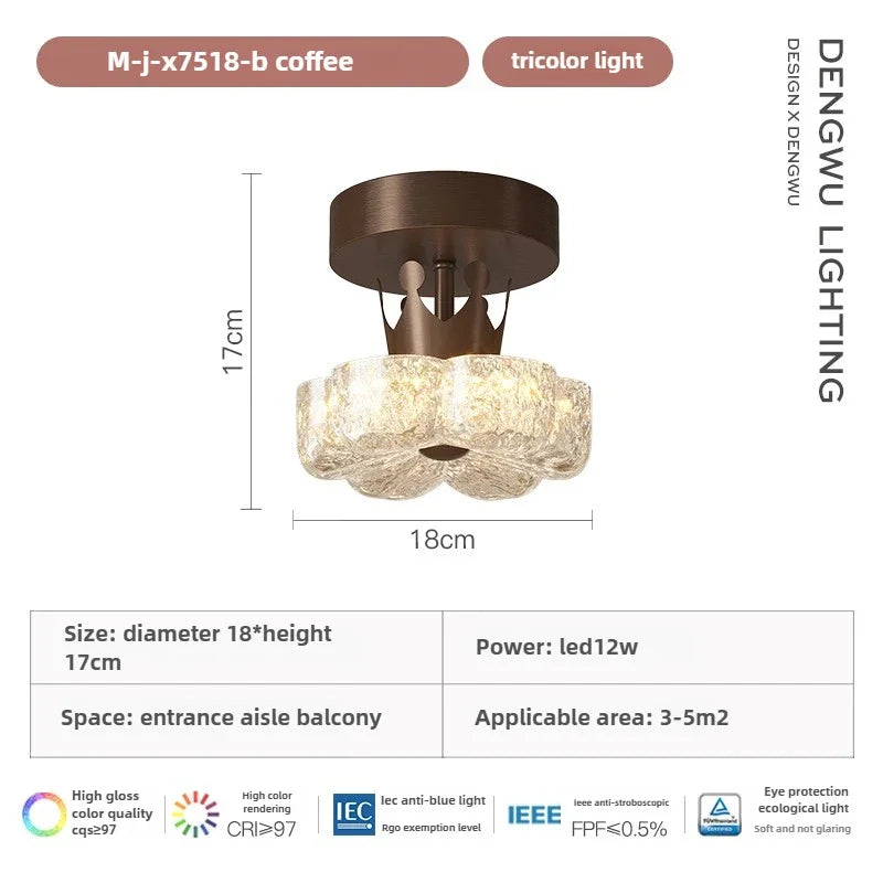 Brown flush-mount LED ceiling light with frosted glass shades, size diagram