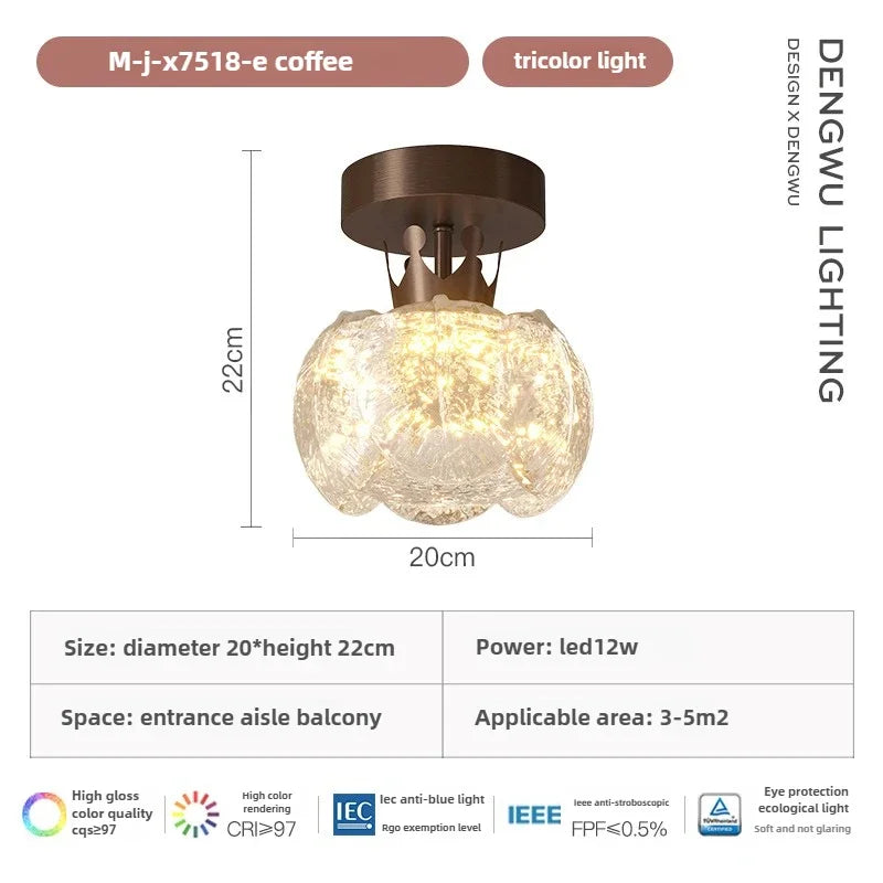 Brown hanging LED light with frosted glass shade and size diagram