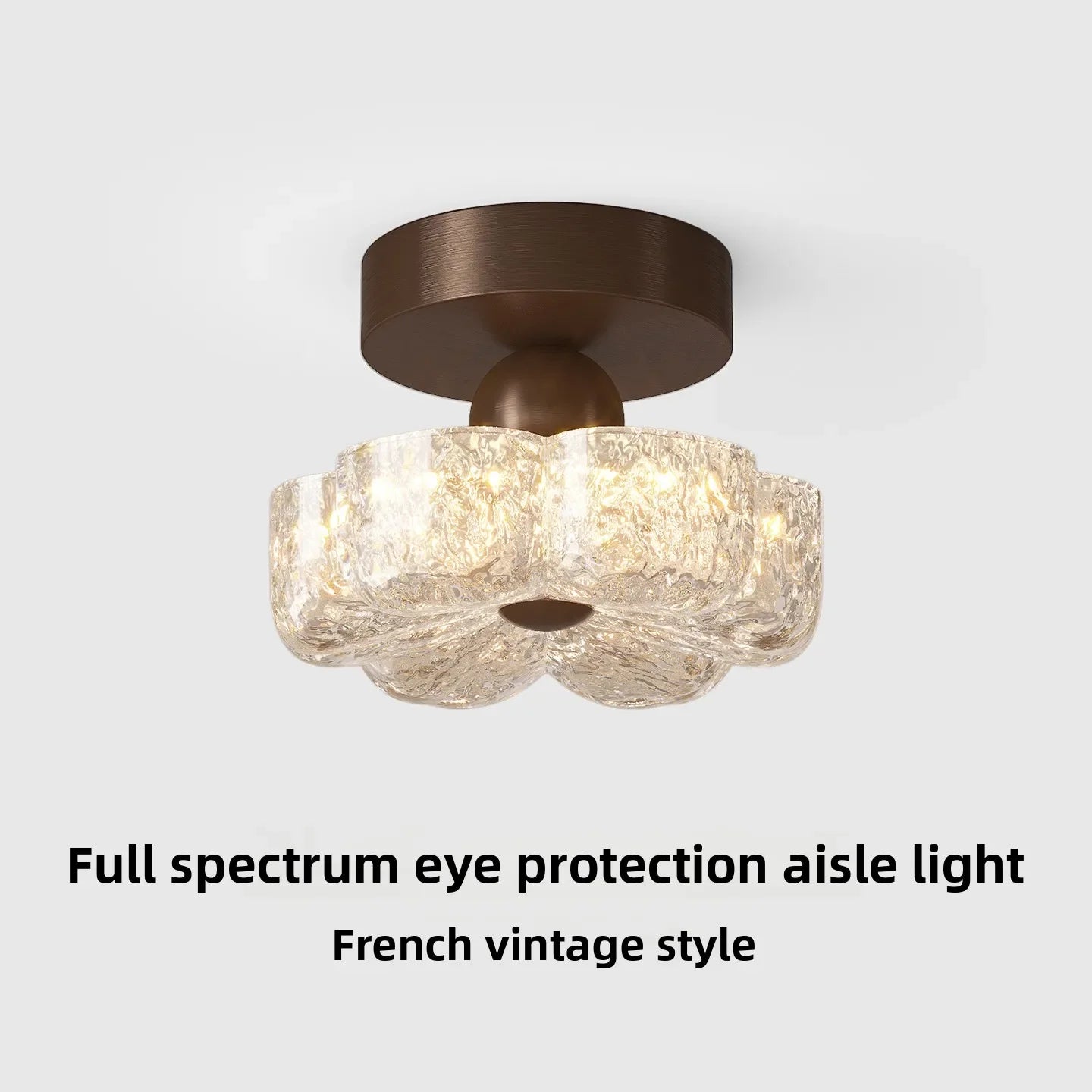 Brown flush-mount LED ceiling light with frosted glass panel shades and round base