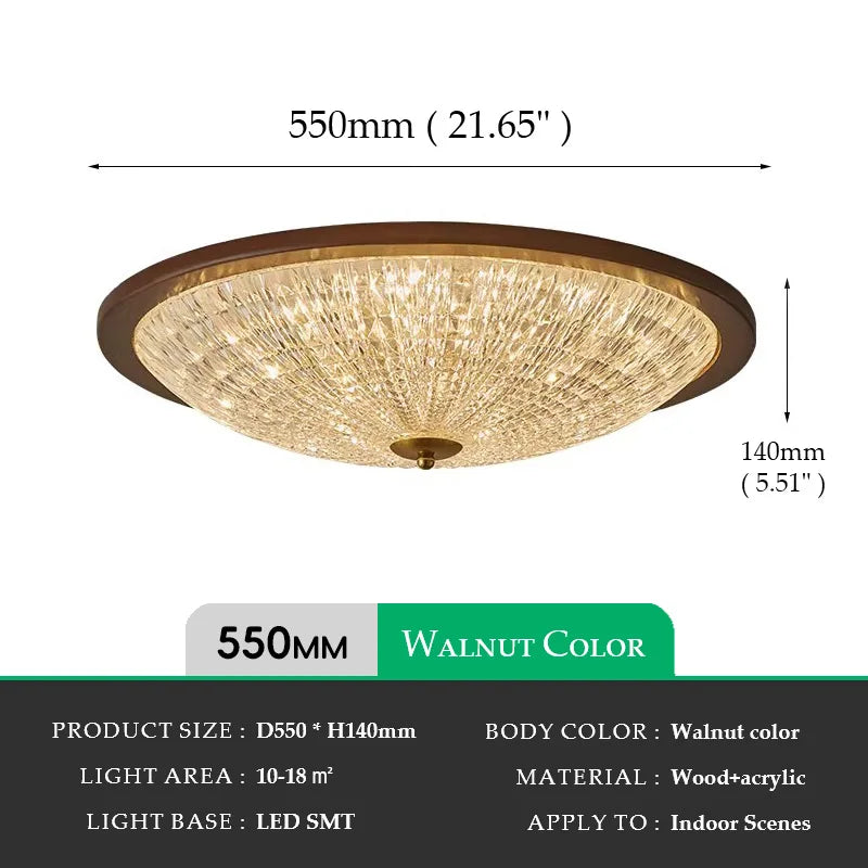 Flush-mount ceiling light, walnut frame: 550mm diameter, 140mm height; clear acrylic