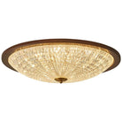 Walnut round flush-mount ceiling light with clear faceted acrylic diffuser
