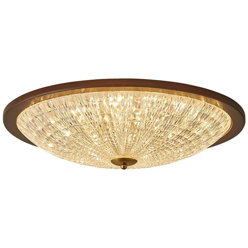 Walnut round flush-mount ceiling light with clear faceted acrylic diffuser