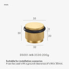 Brushed metal adjustable door stop diagram: 35 mm diameter, 30 mm height, black ring