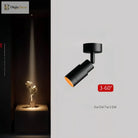 Black adjustable LED zoom spotlight with warm cone light beam, 3°–60° range
