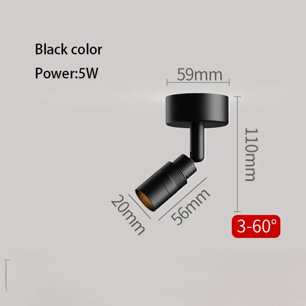 Black LED zoom spotlight, 3°–60° beam; 5W; 59mm x 110mm dimensions