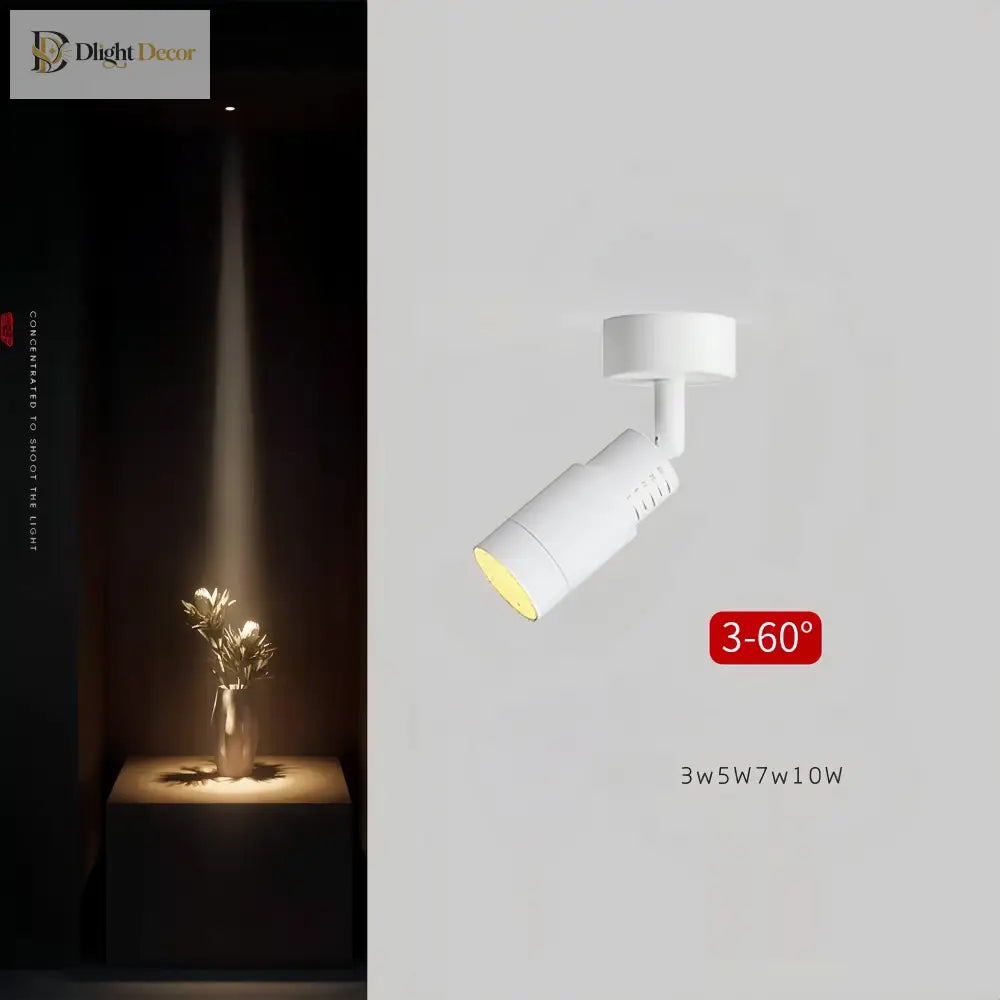 White adjustable LED zoom spotlight with warm cone light beam, 3°–60° range