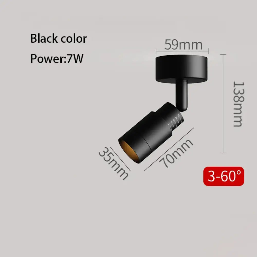 Black LED zoom spotlight, 3°–60° beam; 7W; 59mm x 138mm dimensions