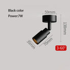 Black LED zoom spotlight, 3°–60° beam; 7W; 59mm x 138mm dimensions