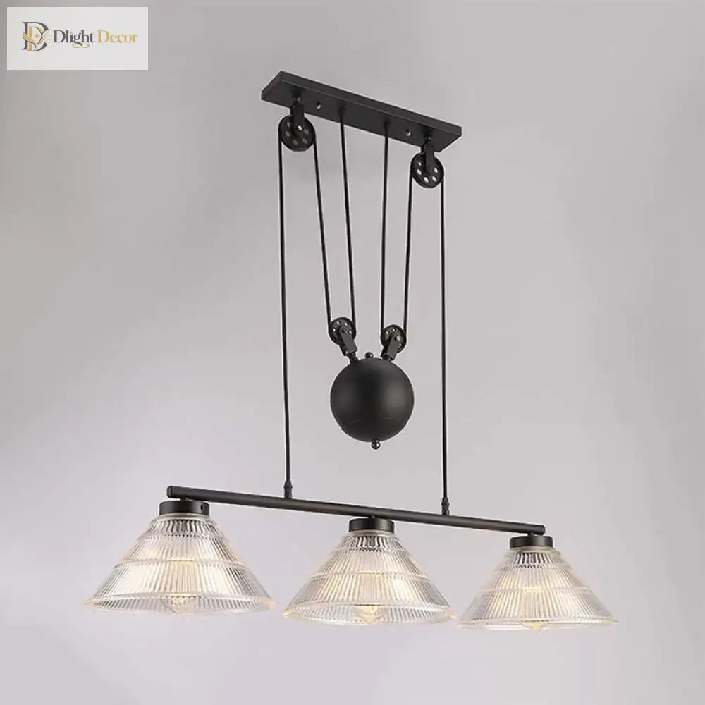 Adjustable Pulley Industrial Cone Pendant With Prismatic Glass - Black 2/3 - Light Island Lamp