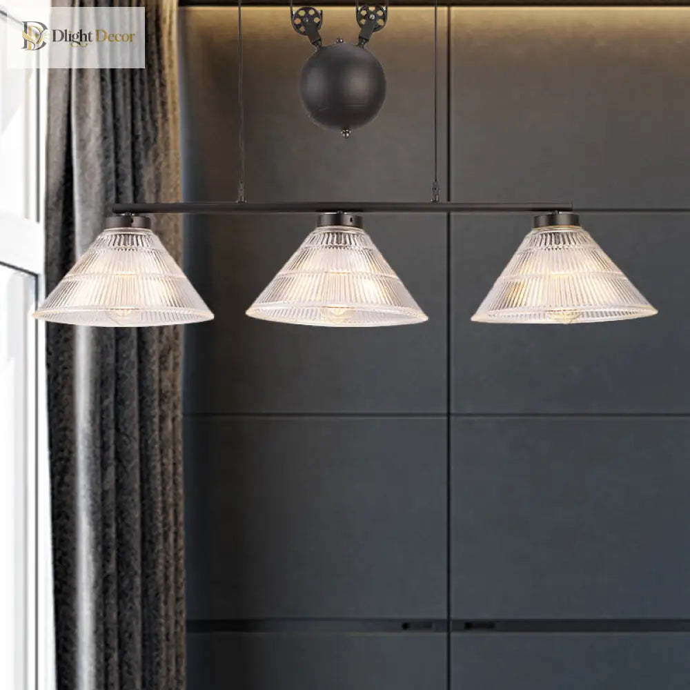 Adjustable Pulley Industrial Cone Pendant With Prismatic Glass - Black 2/3 - Light Island Lamp