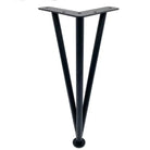 Black triangular table leg with flat mounting plate and smooth tapered stainless legs