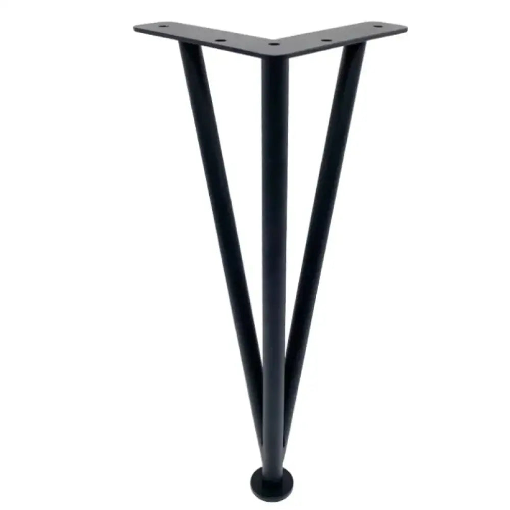 Black triangular adjustable furniture leg with flat top mounting plate and round floor foot