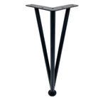 Black triangular adjustable furniture leg with flat top mounting plate and round floor foot