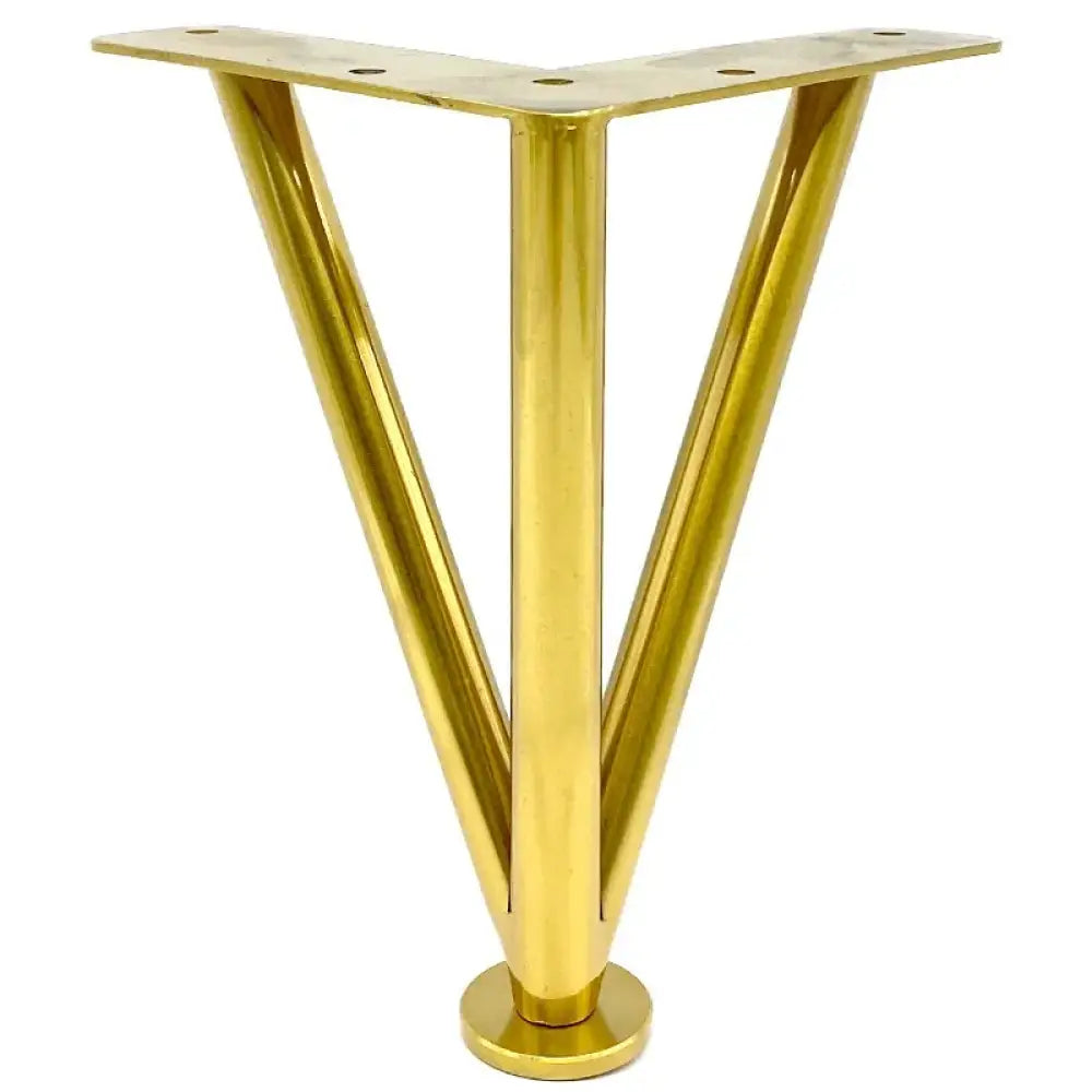 Gold triangular metal furniture leg with top mounting plate and round base foot