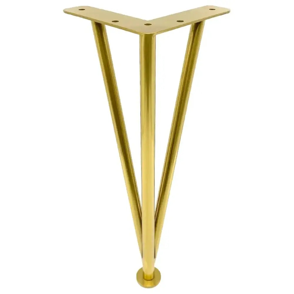 Gold triangular metal furniture leg with top mounting plate and round base foot