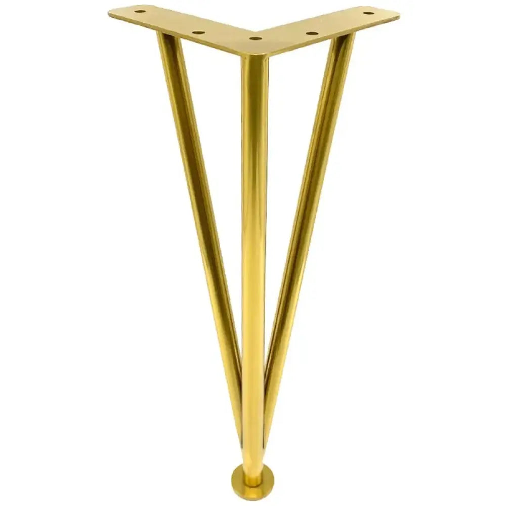 Gold triangular metal furniture leg with top mounting plate and round base foot