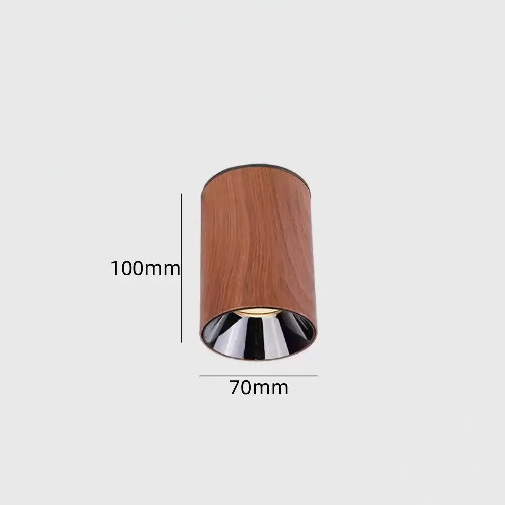 Walnut wood-grain LED surface spotlight with 70mm base and 100mm height size marks