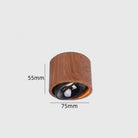 Walnut wood-grain LED mini spotlight with dark lens and visible 75mm x 55mm size marks