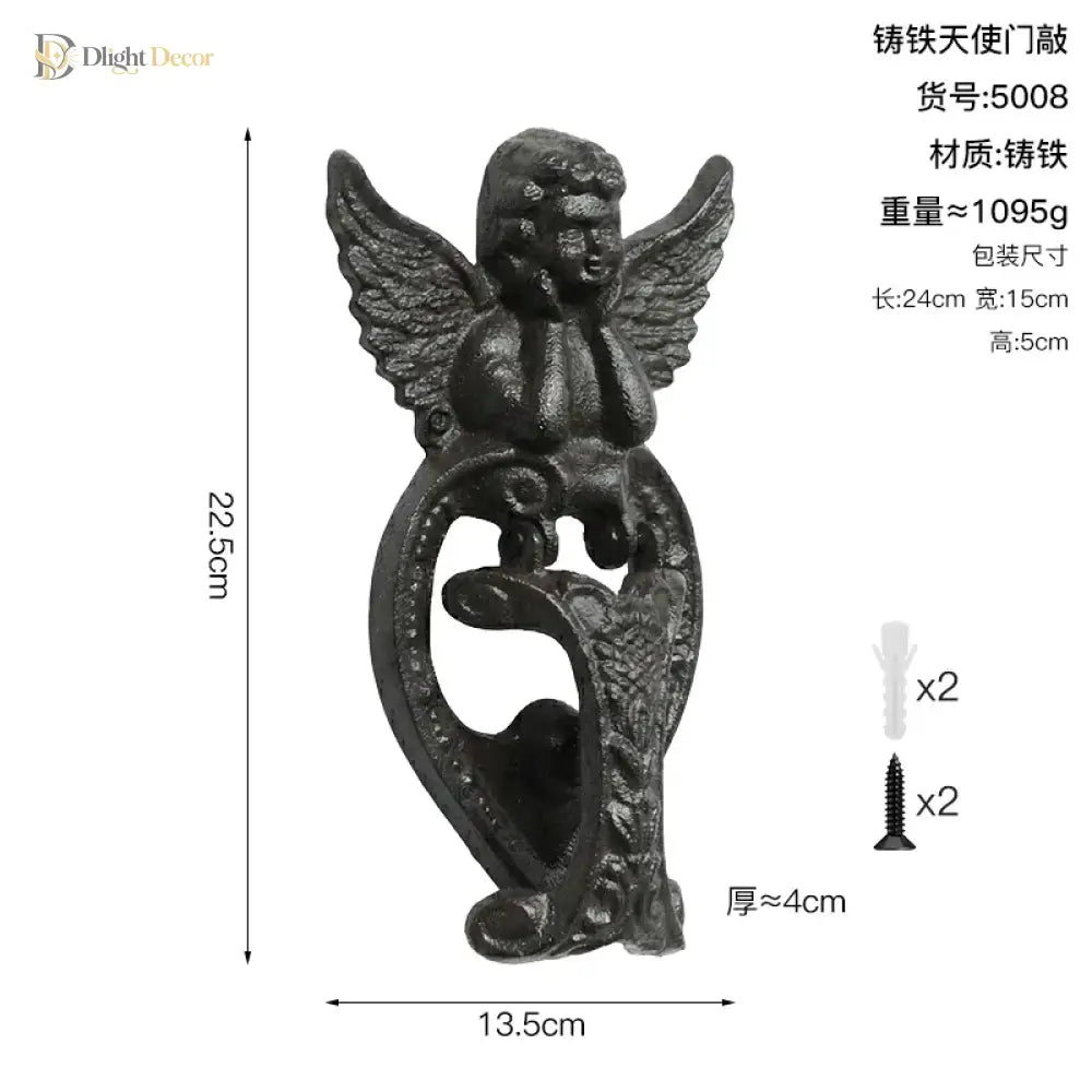 Angel door knocker size chart showing cast iron figure, heart knocker, and mounting details