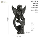 Angel door knocker size chart showing cast iron figure, heart knocker, and mounting details