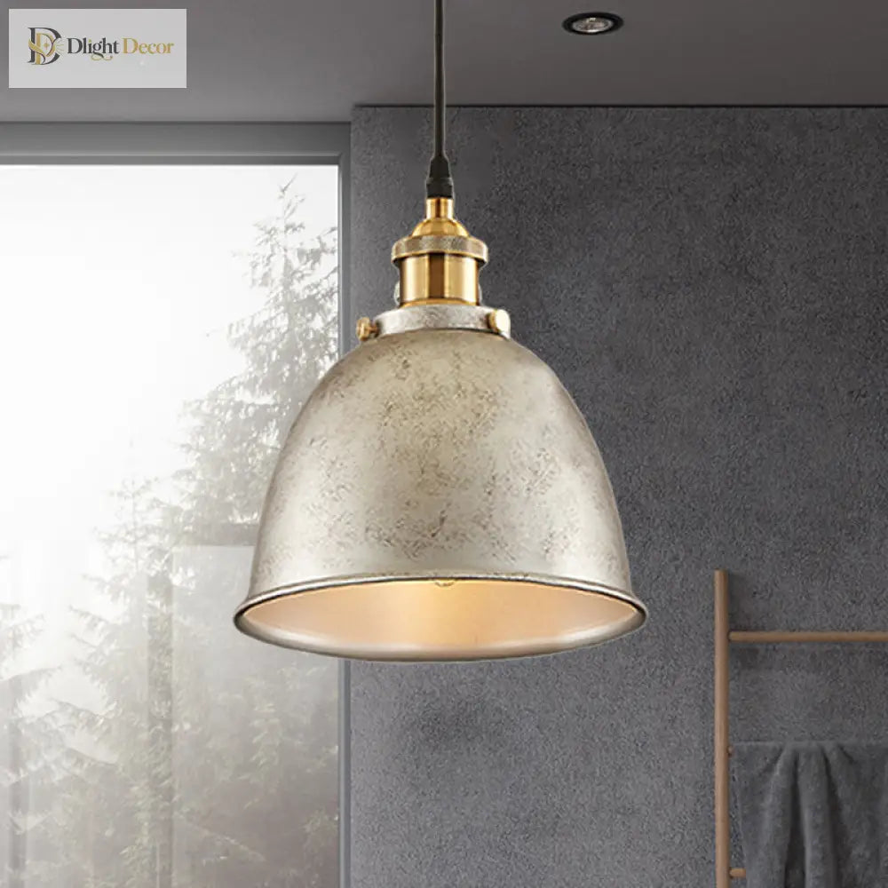 Antique Style Dome Pendant Lamp 1 Light Wrought Iron Hanging Fixture With Cord In Black/Rust