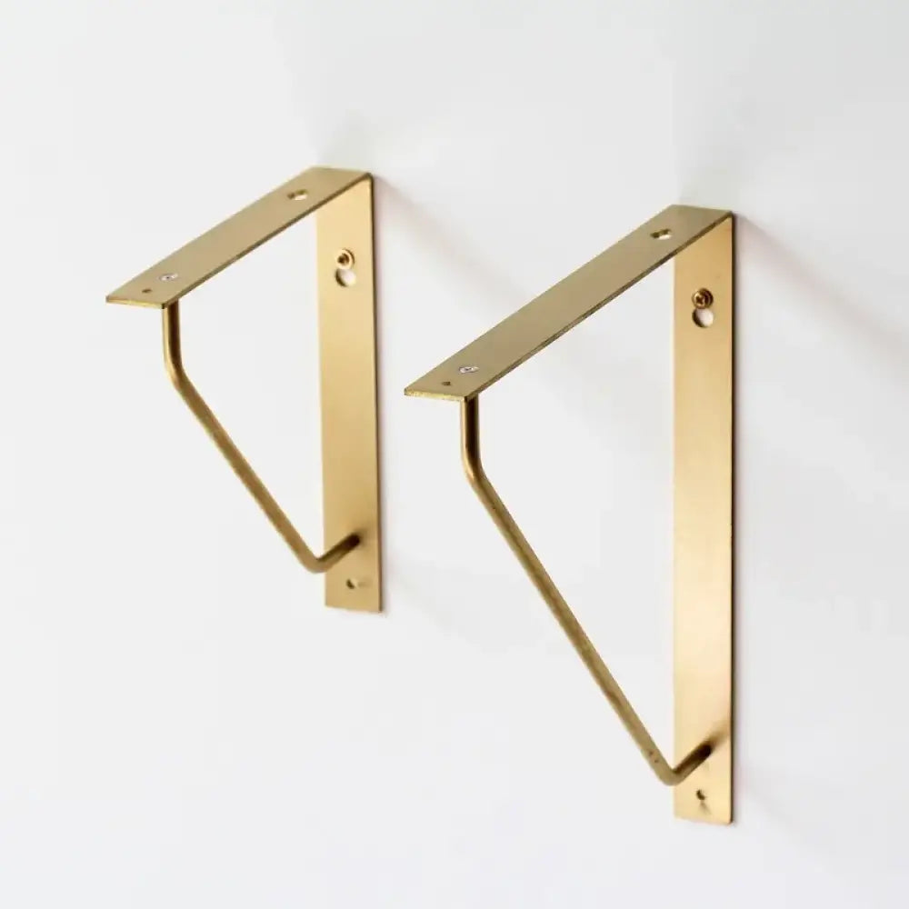Antique brass triangle shelf bracket pair, long plate with curved support arm