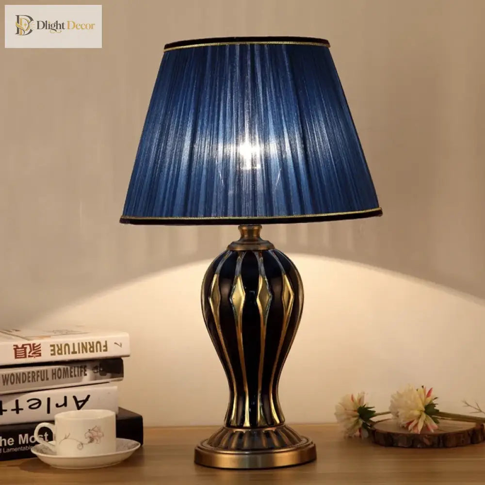 Antique ceramic LED desk lamp with blue fabric shade and black-and-gold base