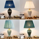 Antique ceramic LED desk lamp set with blue, white, and teal fabric shades