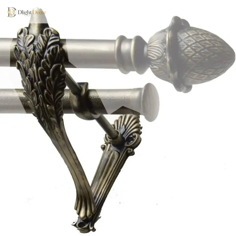 Antique gold double curtain rod brackets with carved leaf mount and round holders
