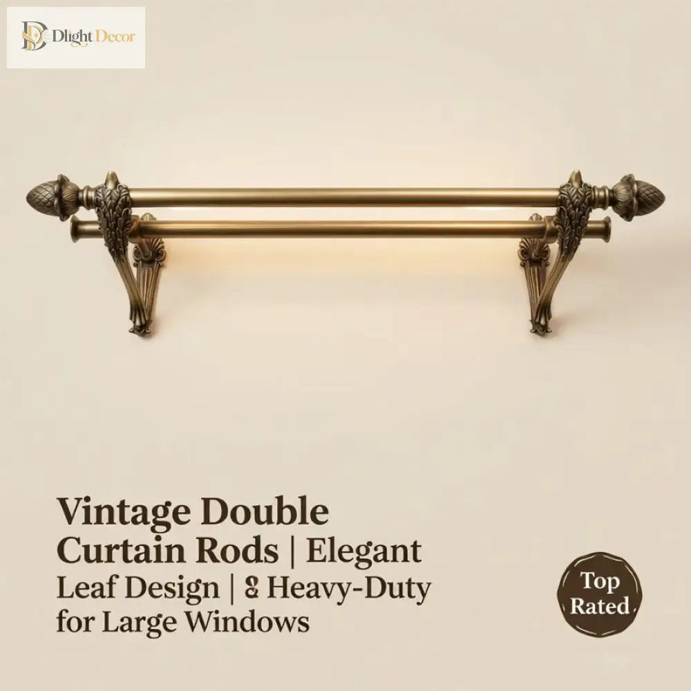 Antique gold curtain rod bracket pair with carved leaf supports and finials
