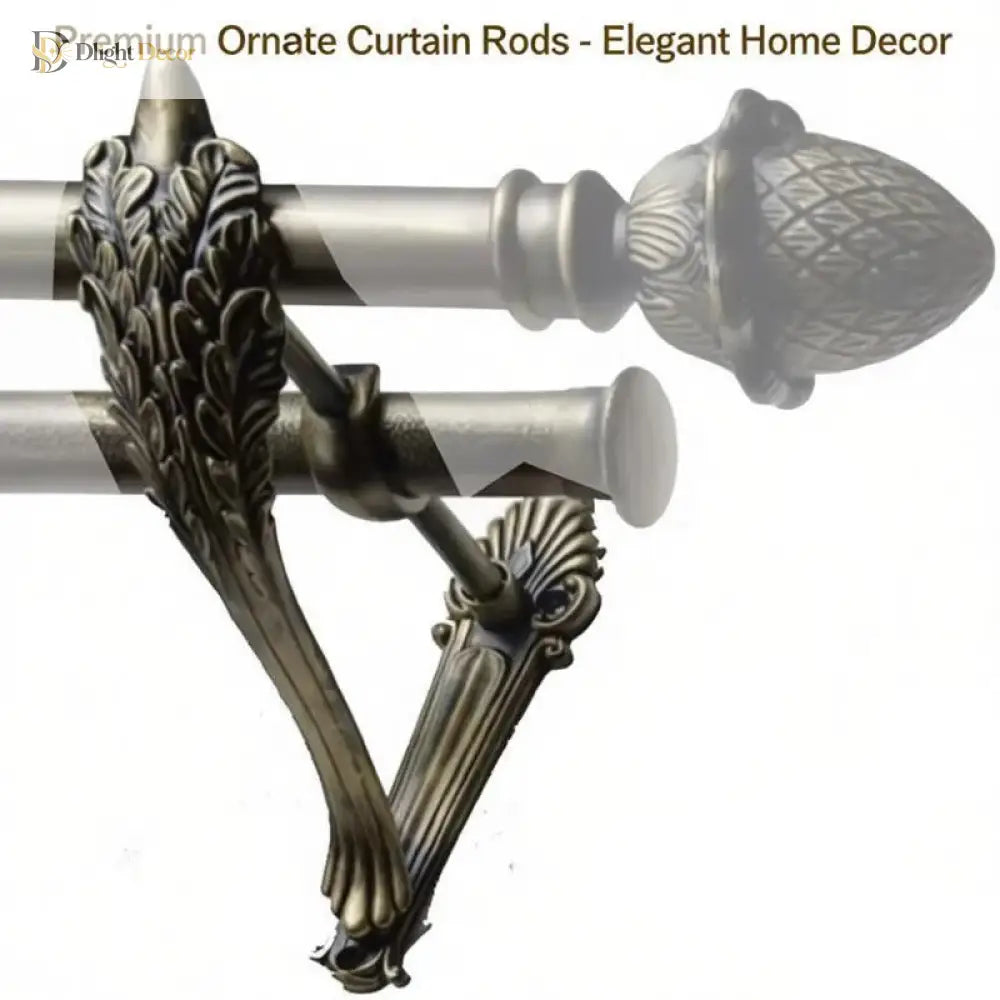 Antique gold carved curtain rod brackets with decorative finials and round mounts
