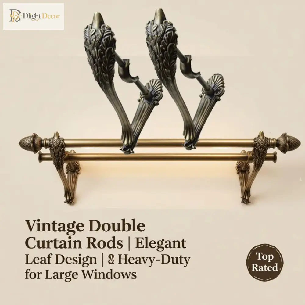 Antique gold double curtain rod brackets with carved leaf finials