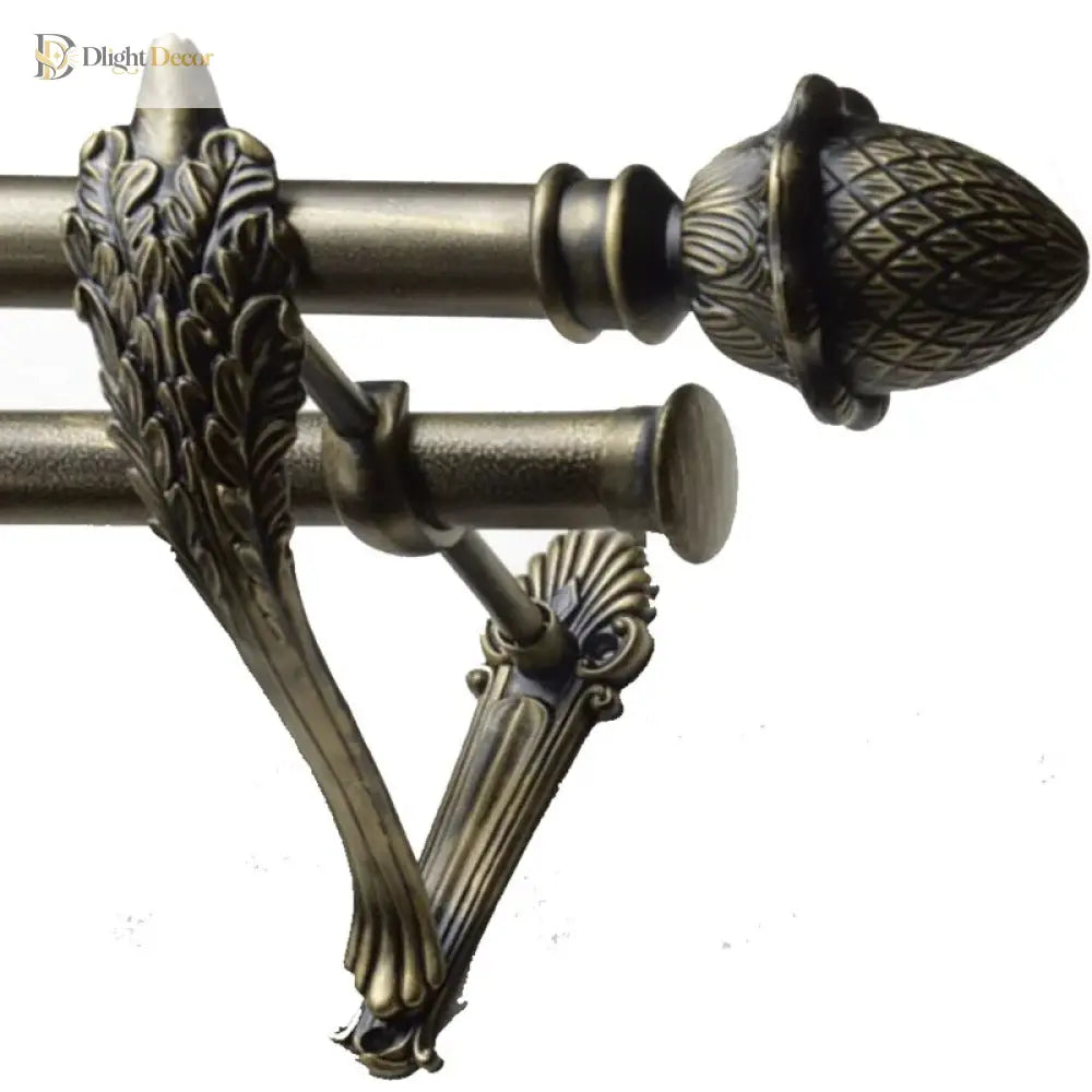 Antique gold double curtain rod brackets with carved leaf supports and decorative knobs