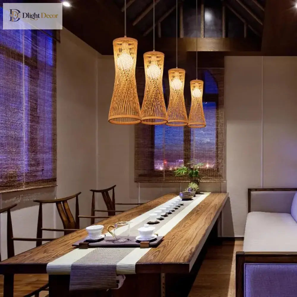 Asian - Inspired Rattan Woven Bamboo Chandelier - Artistic Ceiling Lamp For Home Cafe And