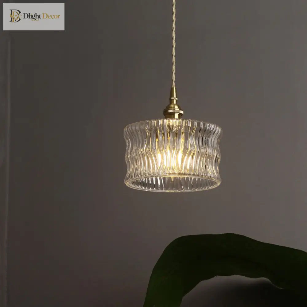 Aurora Gold Cylindrical Ribbed Glass Pendant Lamp - Elegant Clear Ceiling Light For Sitting Rooms
