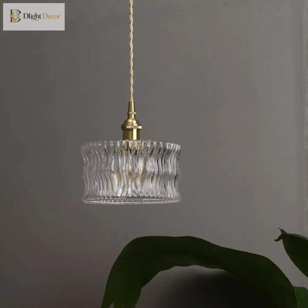 Aurora Gold Cylindrical Ribbed Glass Pendant Lamp - Elegant Clear Ceiling Light For Sitting Rooms
