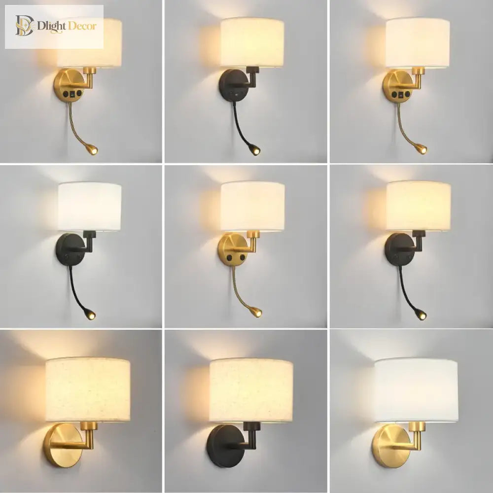 Bedside Wall Lamp With Rotating Spotlight - Modern Fabric Lampshade Reading Sconce For Bedroom Home