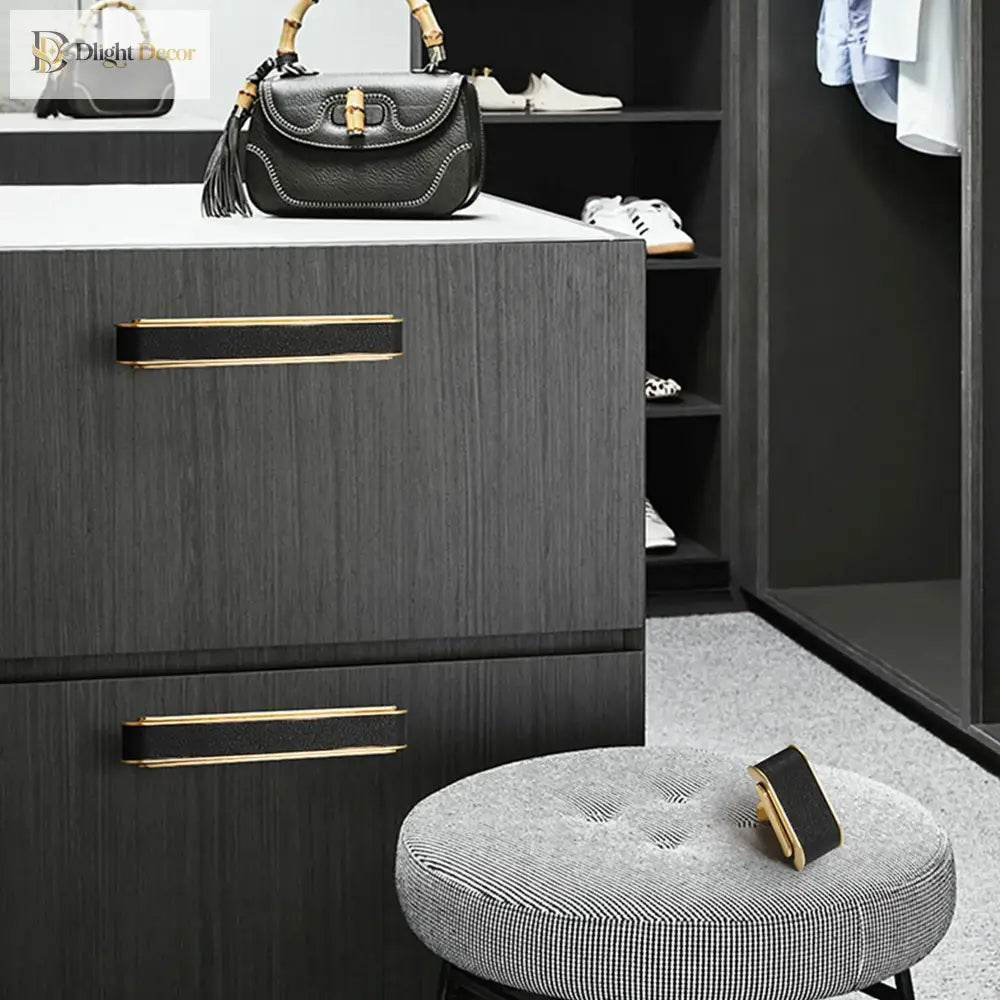 Black Leather and Gold Zinc Alloy Cabinet Handle – Luxury Drawer Pull for Wardrobes and Dressers (128mm) Handles