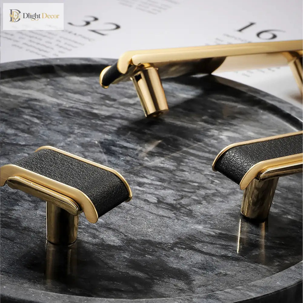 Black Leather and Gold Zinc Alloy Cabinet Handle – Luxury Drawer Pull for Wardrobes and Dressers (128mm) Handles